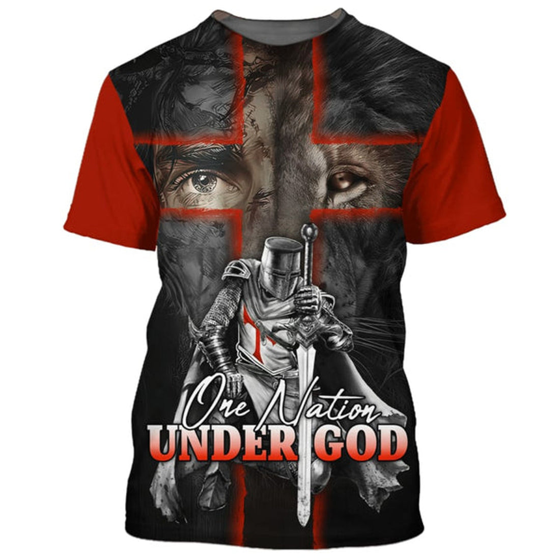 FUNSTUFFPRINT One Nation Under God Shirts - Warrior And Lion Cross Christian 3D T-shirt