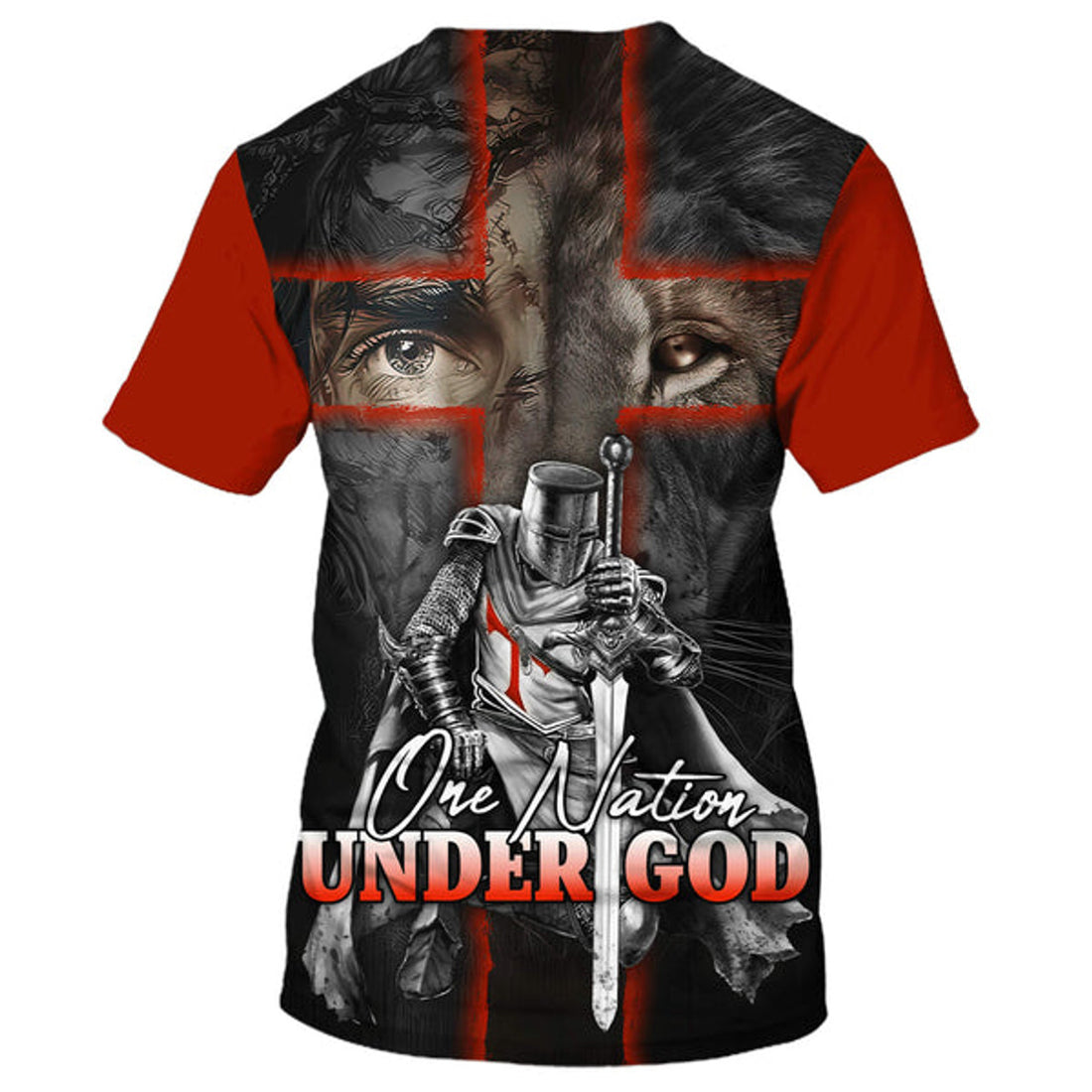 FUNSTUFFPRINT One Nation Under God Shirts - Warrior And Lion Cross Christian 3D T-shirt