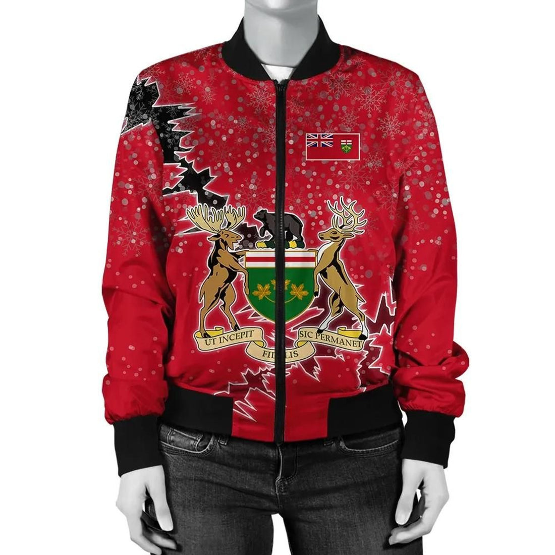 FUNSTUFFPRINT Ontario Christmas Coat Of Arms Women Bomber Jacket Style 3D Bomber Jacket