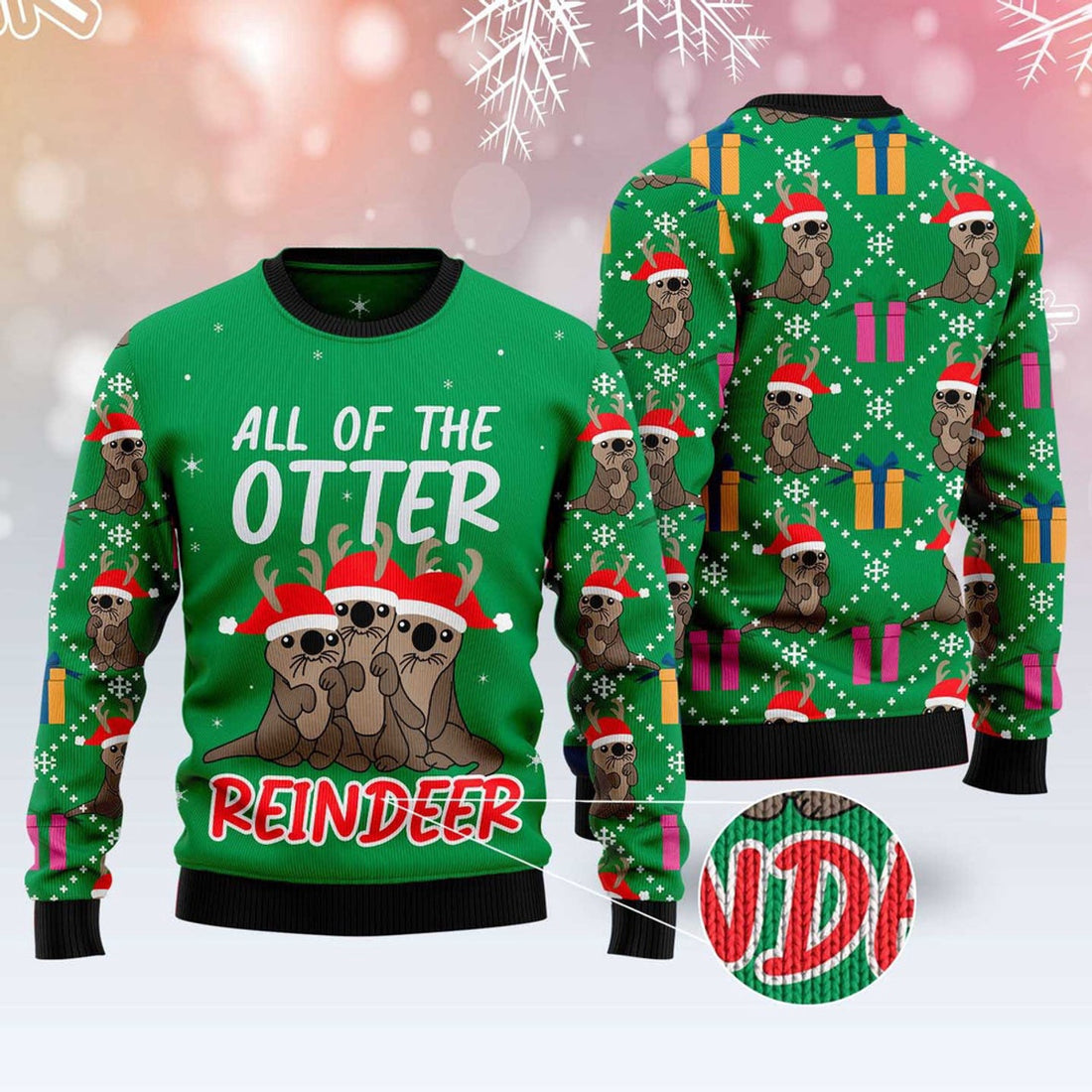 FUNSTUFFPRINT Otter Reindeer Ugly Christmas Sweater, Christmas Sweater, Ugly Sweater, Funny Xmas Sweaters Ugly Sweater