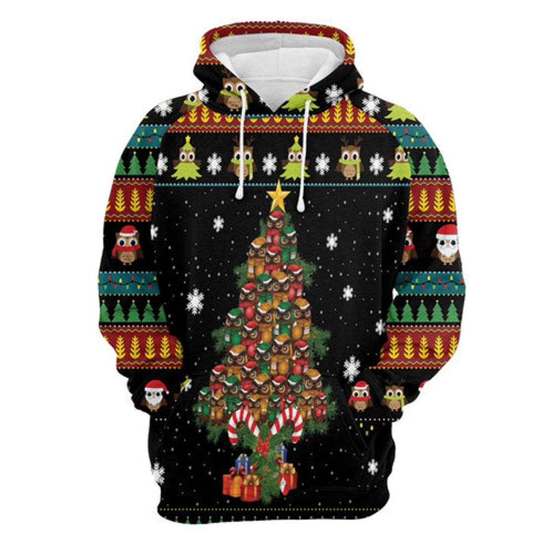 FUNSTUFFPRINT 3D Owl Christmas Tree All Over 3D Hoodie and Zip Hoodie