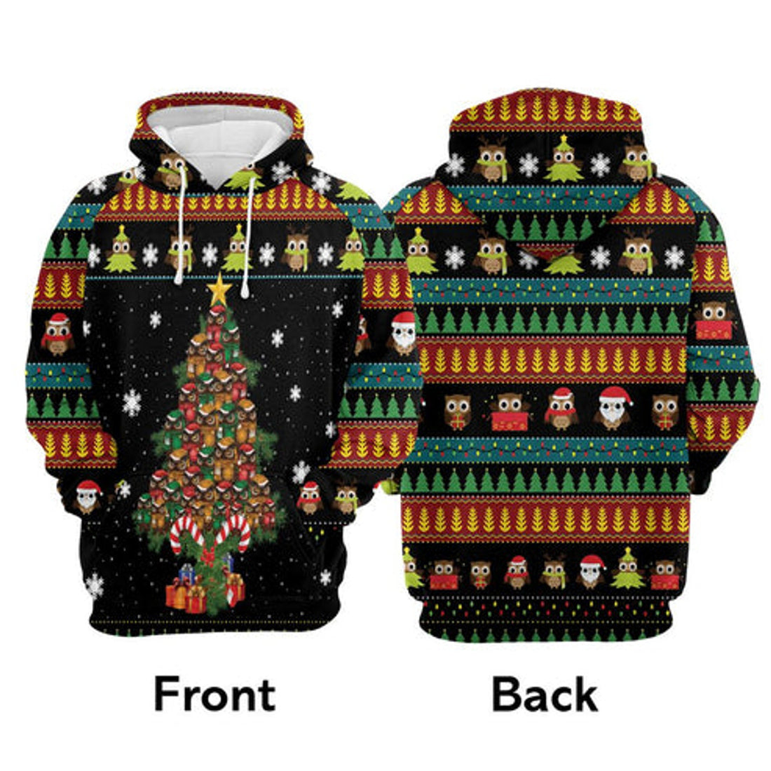 FUNSTUFFPRINT 3D Owl Christmas Tree All Over 3D Hoodie and Zip Hoodie