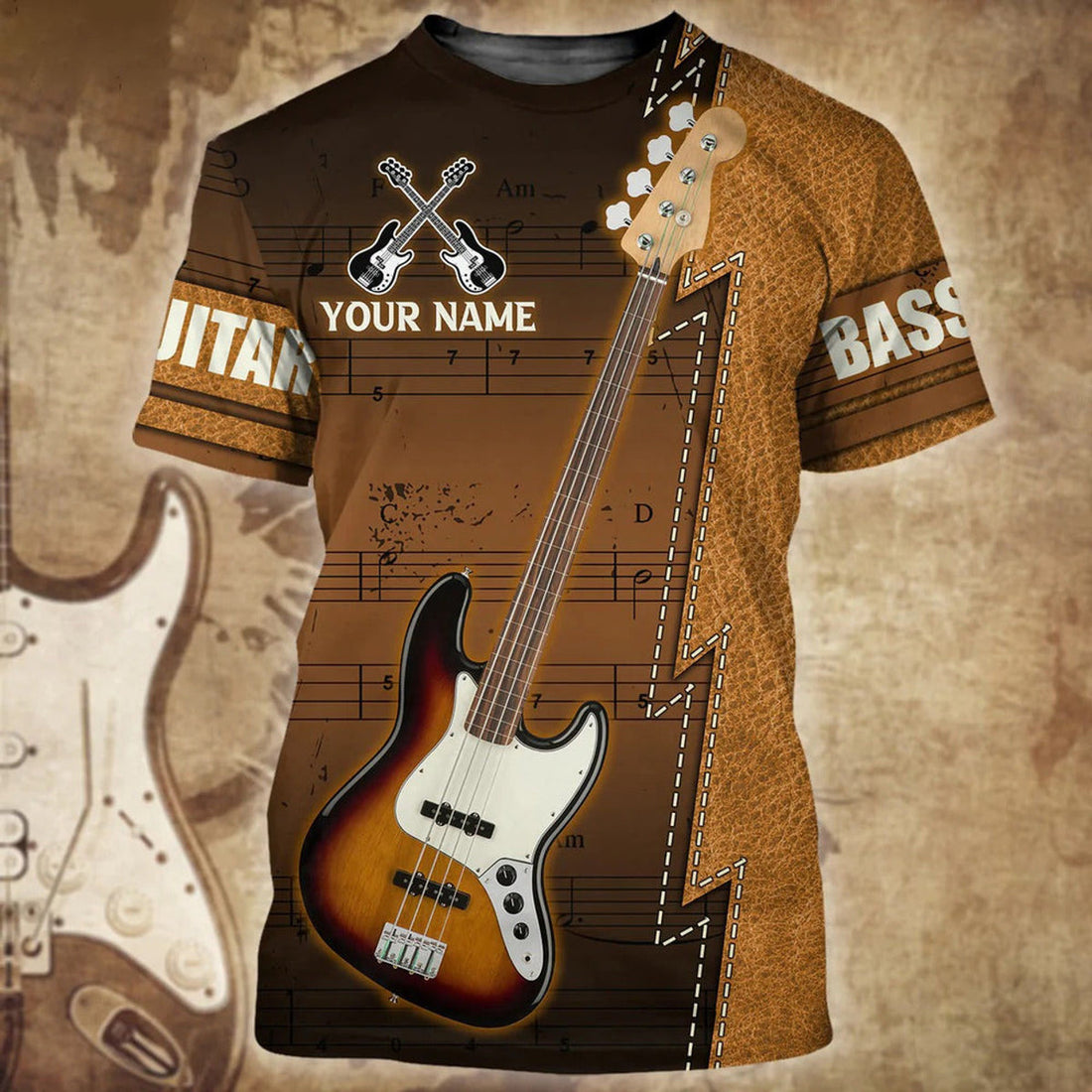 FUNSTUFFPRINT Personalized Name Bass Guitar 3D Shirt, Men GuitarisT-Shirt, Women Guitar 3D T-shirt