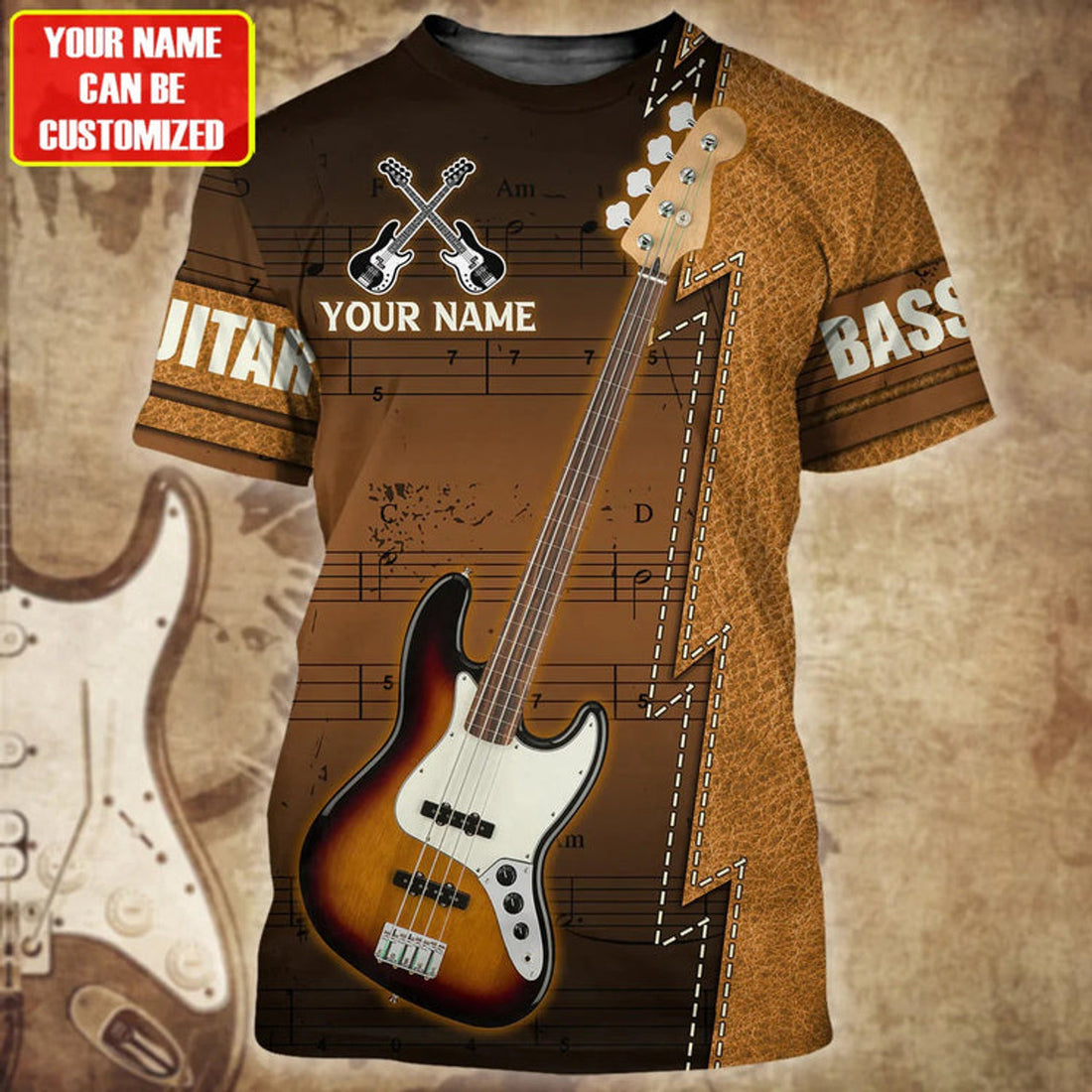 FUNSTUFFPRINT Personalized Name Bass Guitar 3D Shirt, Men GuitarisT-Shirt, Women Guitar 3D T-shirt