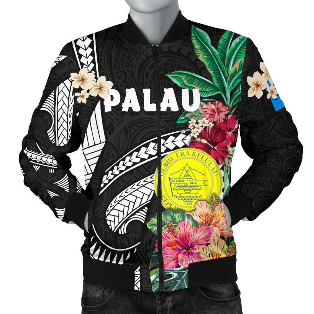 FUNSTUFFPRINT Palau Men's Bomber Jacket Coat Of Arms Polynesian With Hibiscus 3D Bomber Jacket
