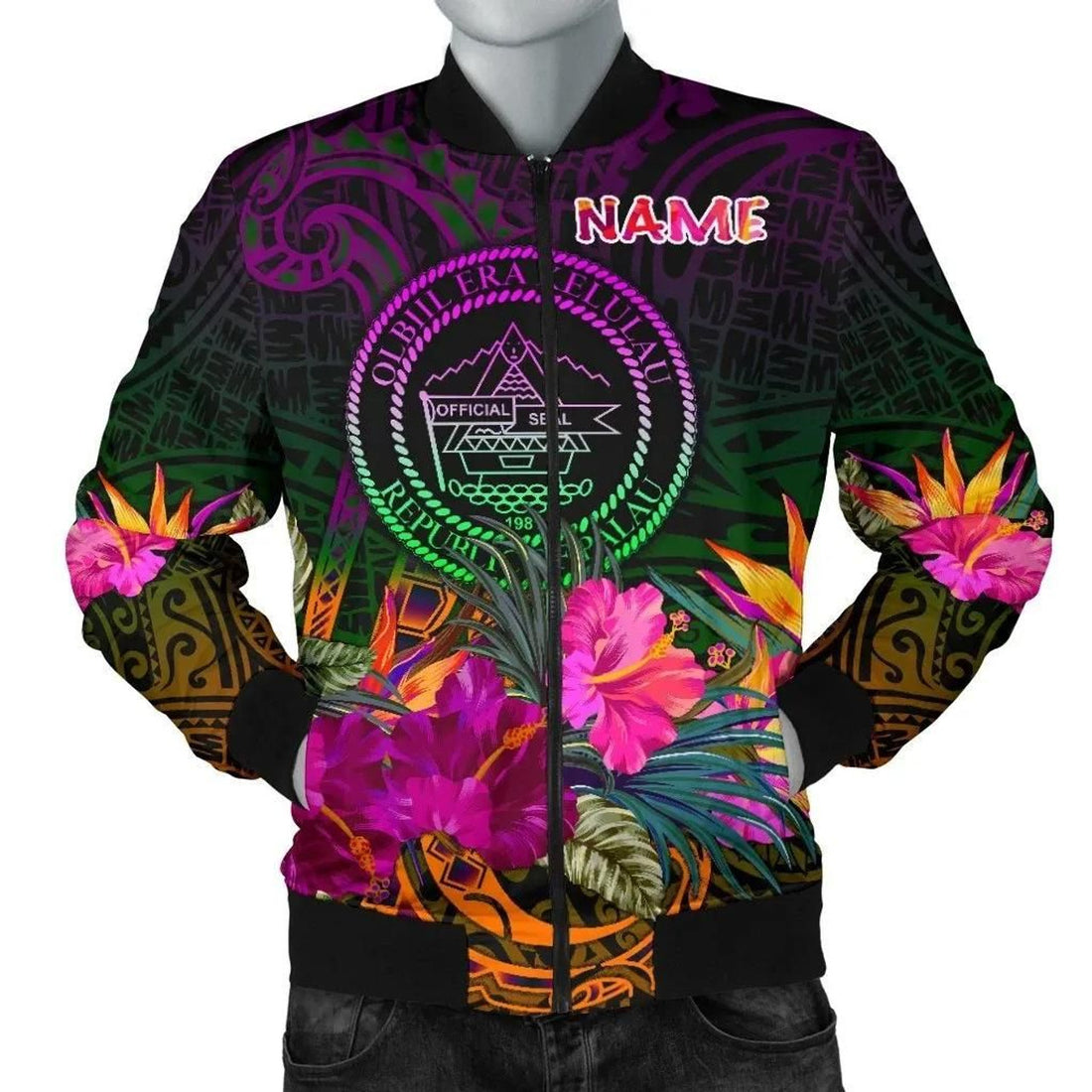 FUNSTUFFPRINT Palau Personalised Men's Bomber Jacket - Summer Hibiscus - 3D Bomber Jacket
