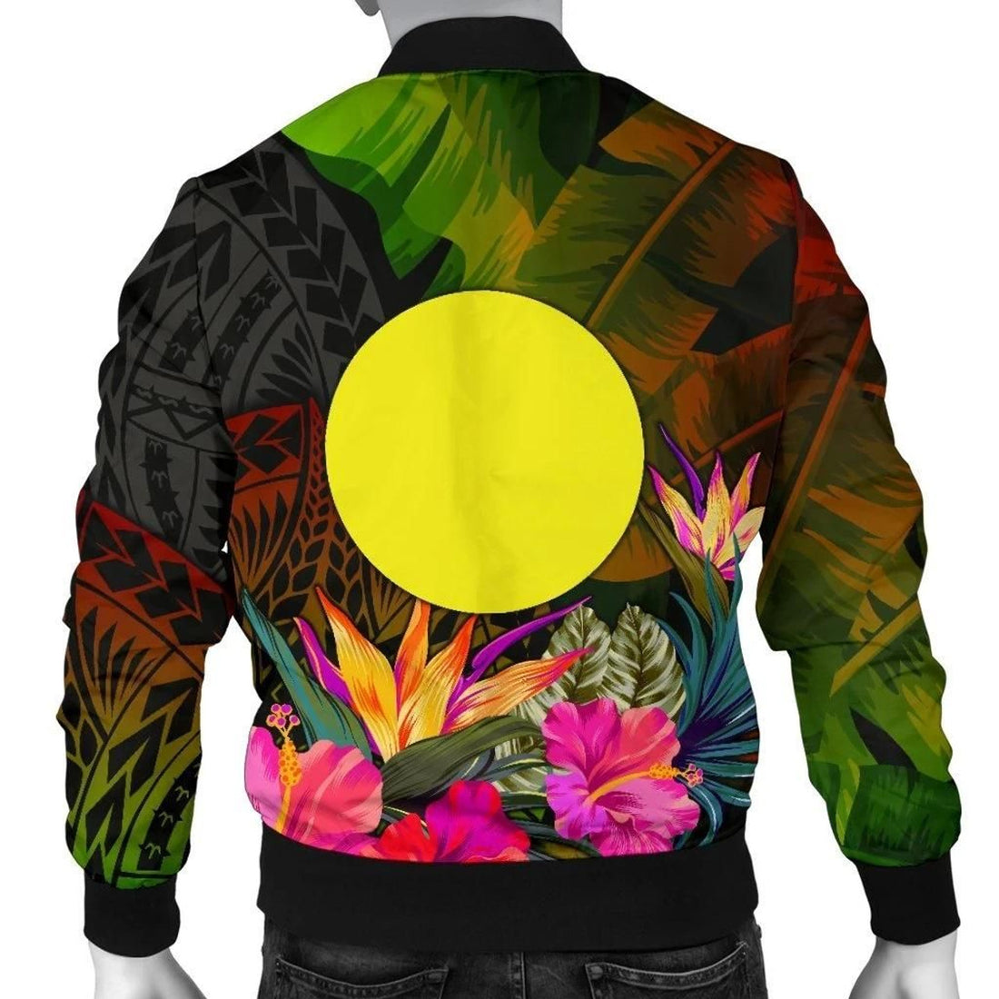 FUNSTUFFPRINT Palau Polynesian Personalised Men's Bomber Jacket - Hibiscus and Banana Leaves - 3D Bomber Jacket