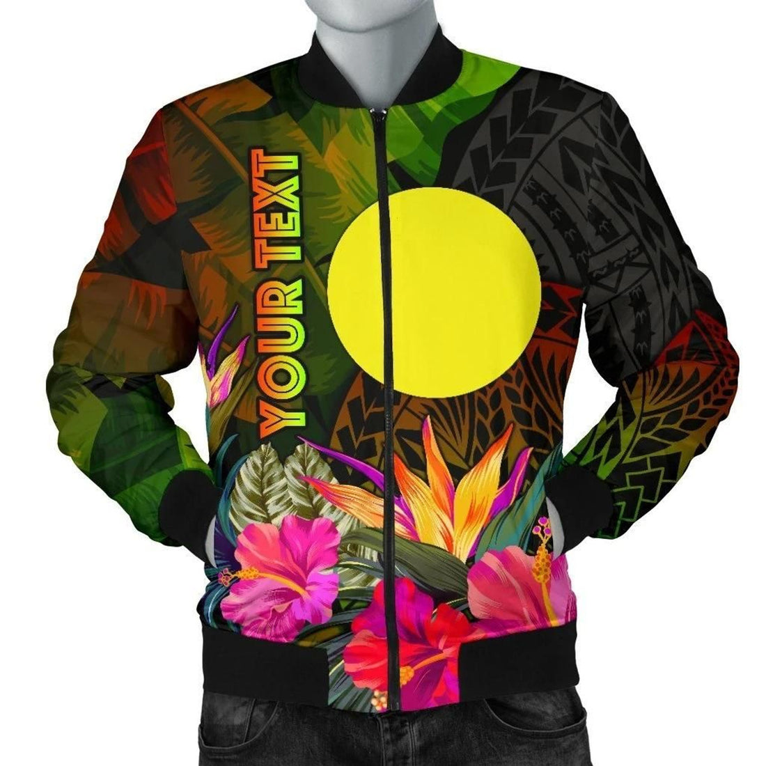 FUNSTUFFPRINT Palau Polynesian Personalised Men's Bomber Jacket - Hibiscus and Banana Leaves - 3D Bomber Jacket