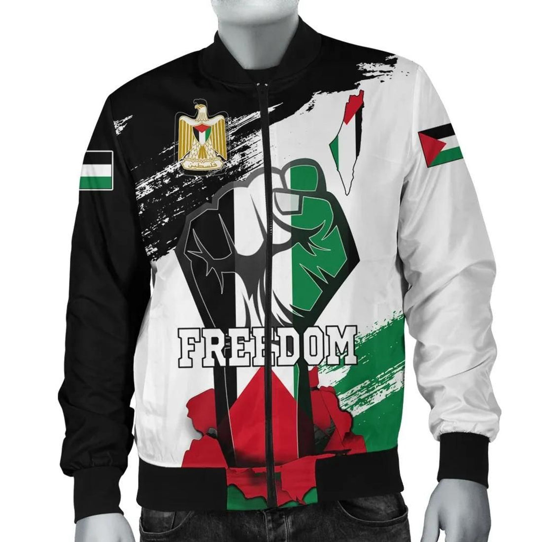FUNSTUFFPRINT Palestine Freedom Bomber Jacket Flag and Map 3D Bomber Jacket