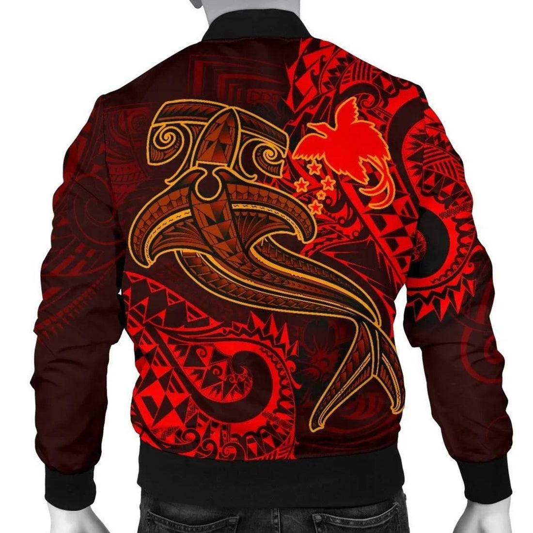 FUNSTUFFPRINT Papua New Guinea Men's Bomber Jacket - Red Shark Polynesian Tattoo - 3D Bomber Jacket
