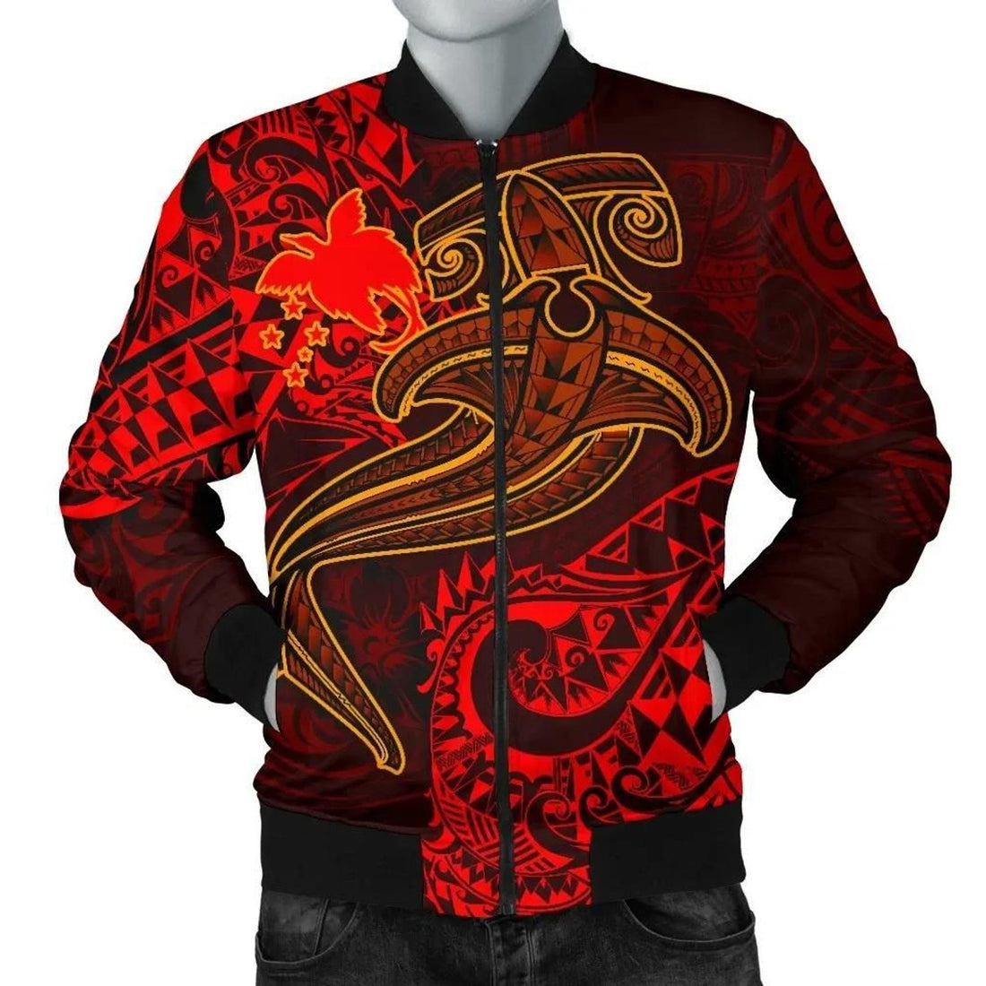 FUNSTUFFPRINT Papua New Guinea Men's Bomber Jacket - Red Shark Polynesian Tattoo - 3D Bomber Jacket