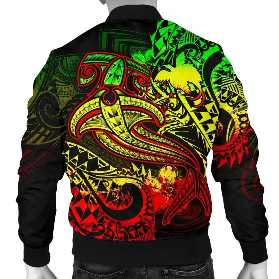 FUNSTUFFPRINT Papua New Guinea Men's Bomber Jacket - Reggae Shark Polynesian Tattoo - 3D Bomber Jacket