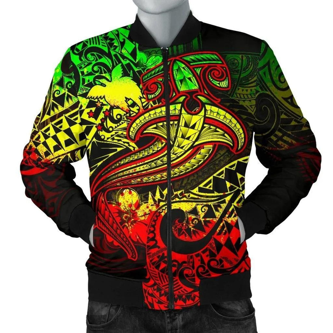 FUNSTUFFPRINT Papua New Guinea Men's Bomber Jacket - Reggae Shark Polynesian Tattoo - 3D Bomber Jacket