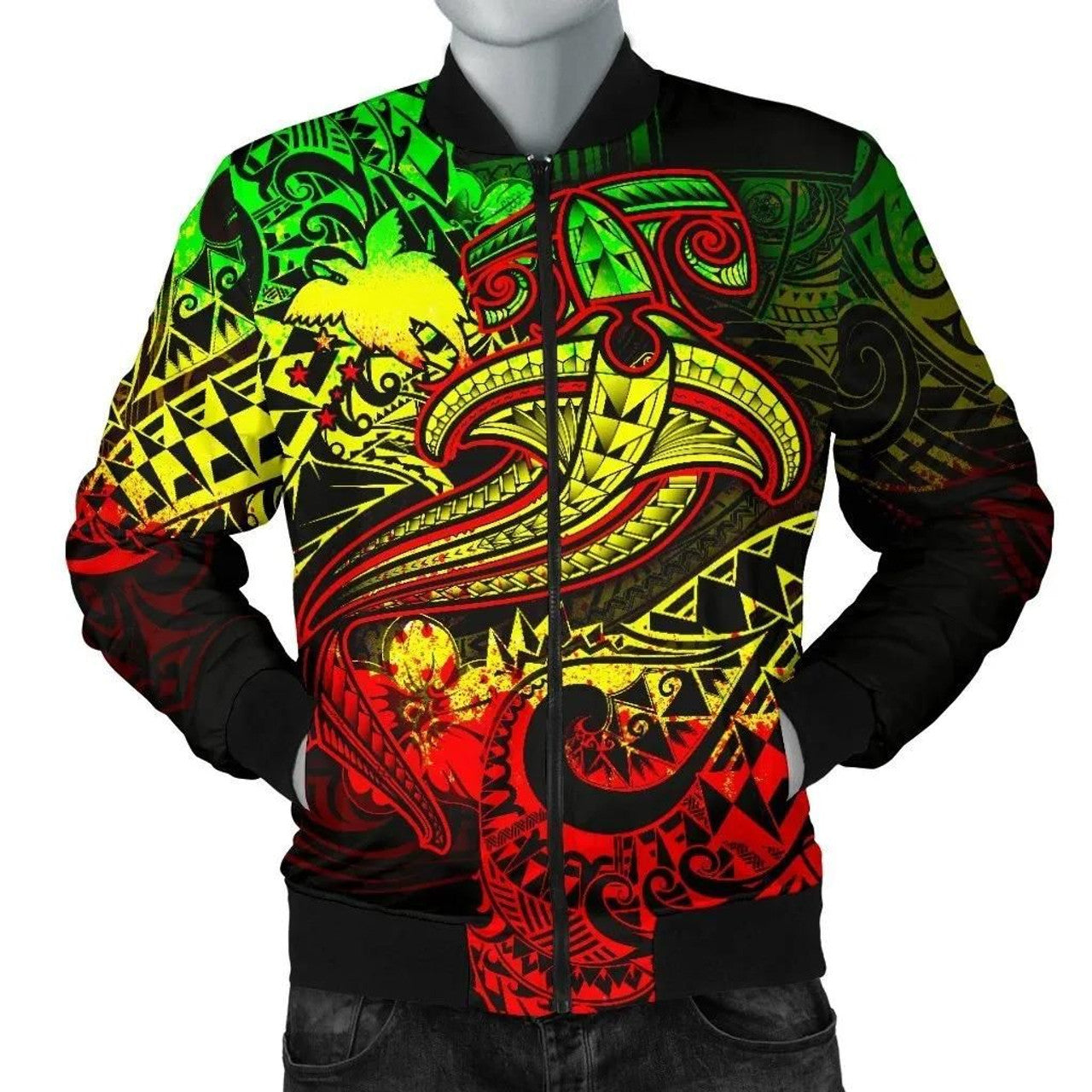 FUNSTUFFPRINT Papua New Guinea Men's Bomber Jacket - Reggae Shark Polynesian Tattoo - 3D Bomber Jacket