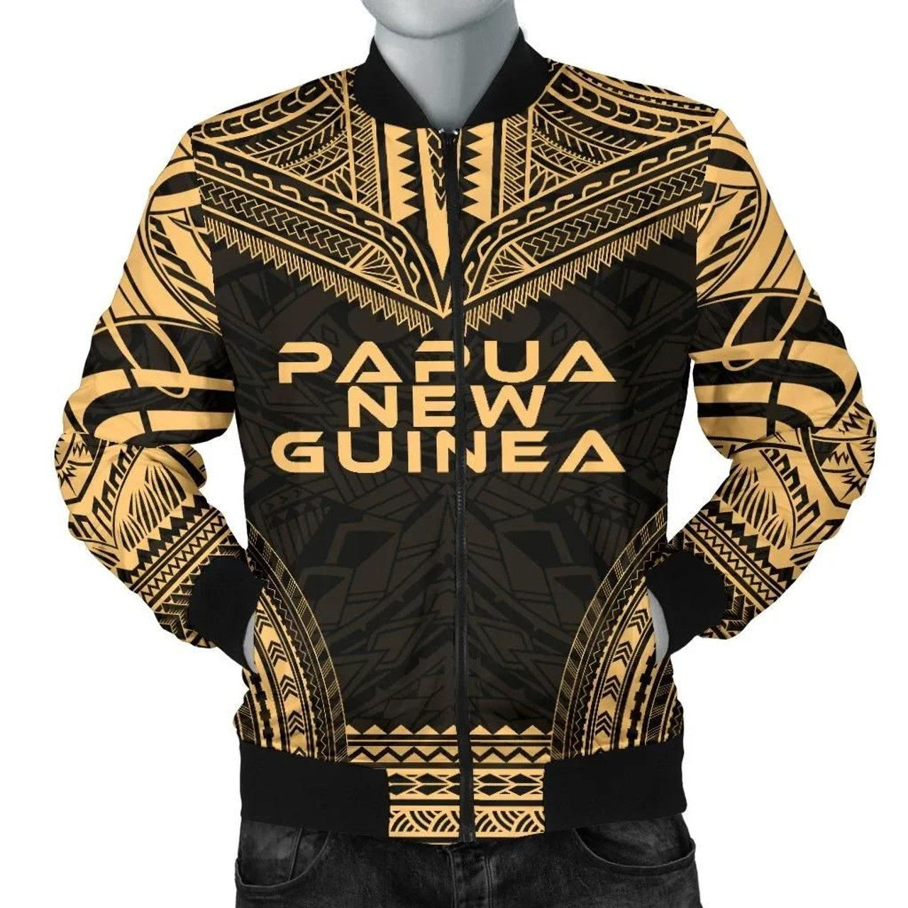 FUNSTUFFPRINT Papua New Guinea Polynesian Chief Men's Bomber Jacket - Gold Version - 3D Bomber Jacket