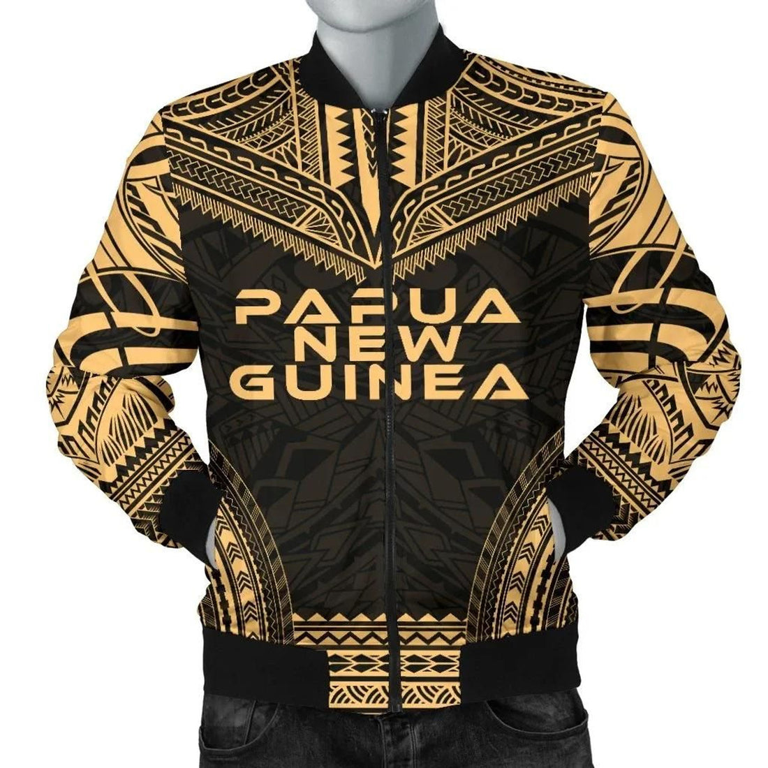FUNSTUFFPRINT Papua New Guinea Polynesian Chief Men's Bomber Jacket - Gold Version - 3D Bomber Jacket