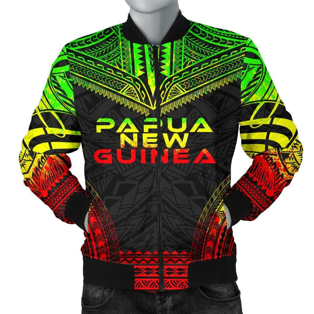 FUNSTUFFPRINT Papua New Guinea Polynesian Chief Men's Bomber Jacket - Reggae Version - 3D Bomber Jacket
