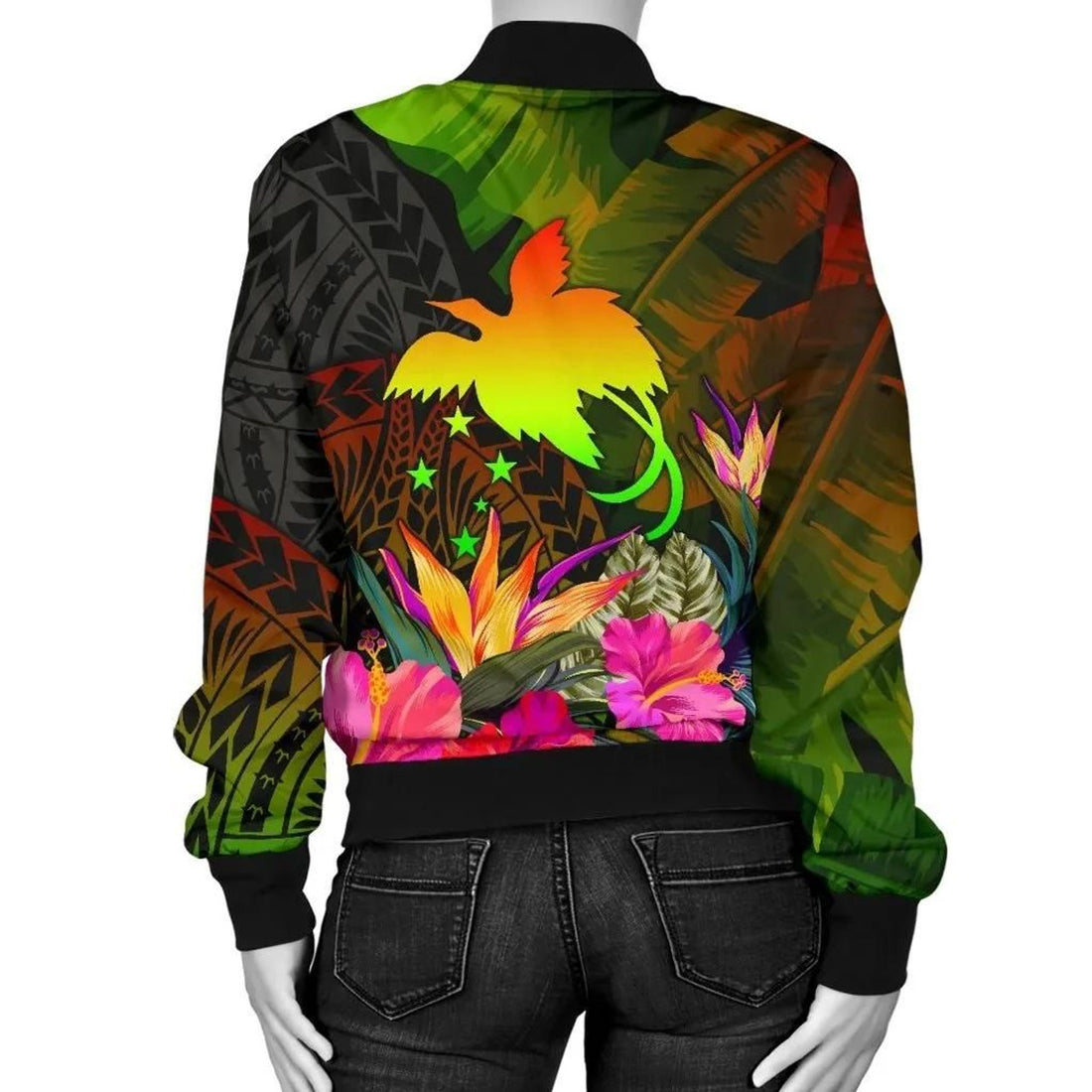 FUNSTUFFPRINT Papua New Guinea Polynesian Women's Bomber Jacket - Hibiscus and Banana Leaves - 3D Bomber Jacket