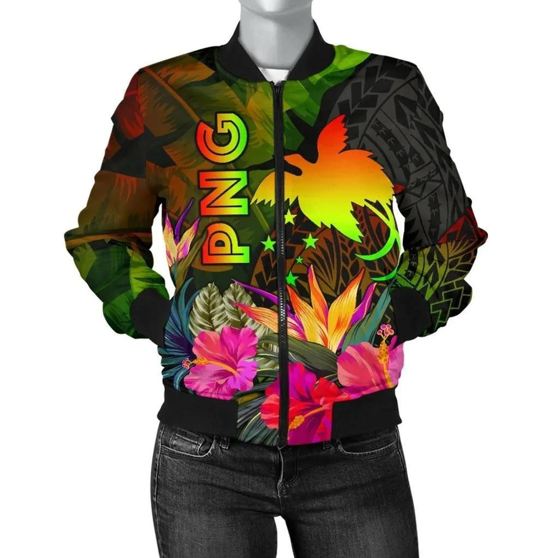 FUNSTUFFPRINT Papua New Guinea Polynesian Women's Bomber Jacket - Hibiscus and Banana Leaves - 3D Bomber Jacket