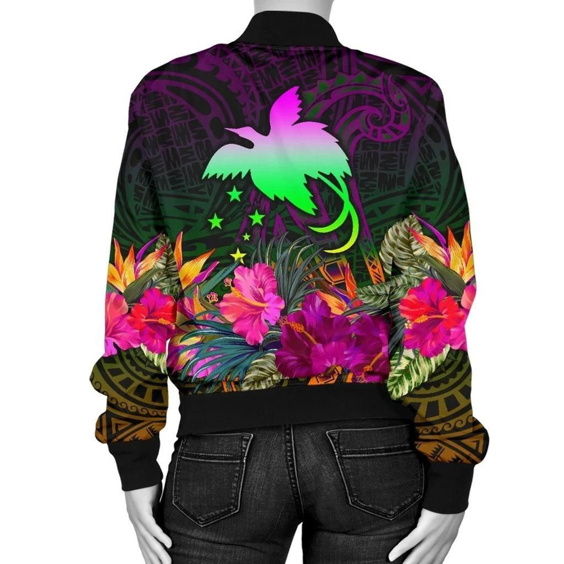 FUNSTUFFPRINT Papua New Guinea Women's Bomber Jacket - Summer Hibiscus - 3D Bomber Jacket
