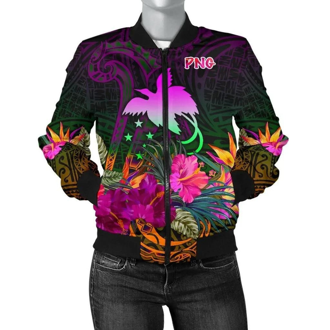FUNSTUFFPRINT Papua New Guinea Women's Bomber Jacket - Summer Hibiscus - 3D Bomber Jacket