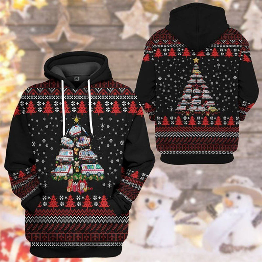FUNSTUFFPRINT 3D Paramedic Ambulance Christmas Tree All Over 3D Hoodie and Zip Hoodie