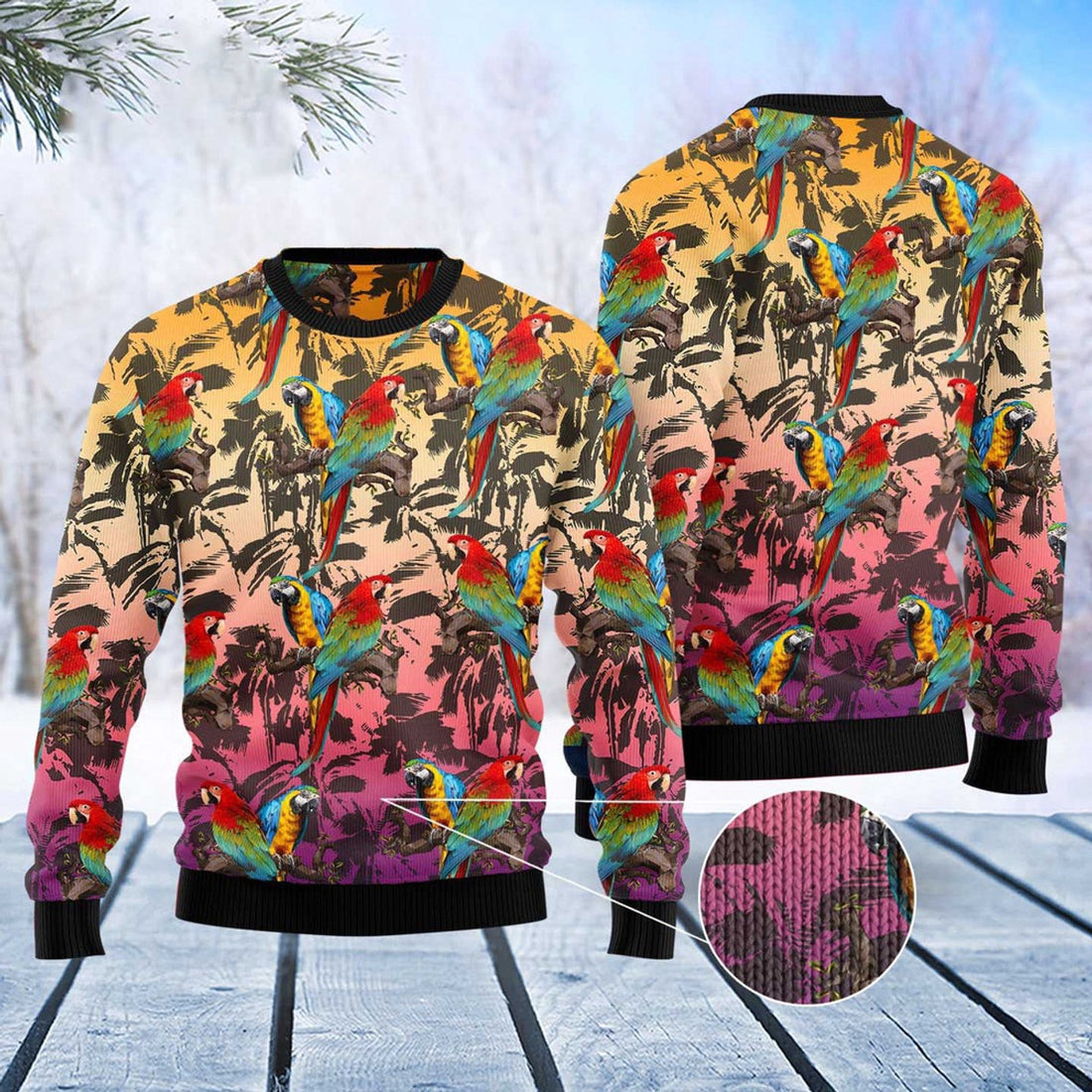 FUNSTUFFPRINT Parrot Palm Forest Ugly Christmas Sweater, Christmas Sweater, Ugly Sweater, Funny Xmas Sweaters Ugly Sweater