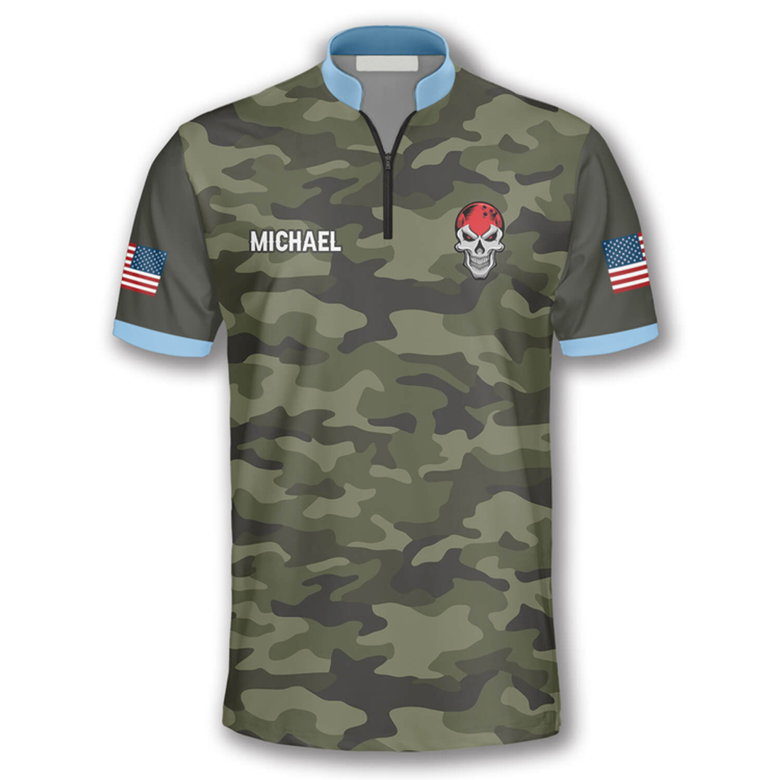 Custom Passionate Skull Camo Custom Bowling Jerseys for Men, Zipper Polo Shirt Bowling Shirt, Skull Zipper Polo Shirt