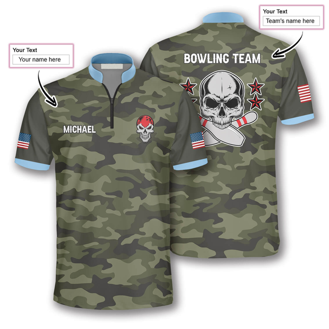 Custom Passionate Skull Camo Custom Bowling Jerseys for Men, Zipper Polo Shirt Bowling Shirt, Skull Zipper Polo Shirt