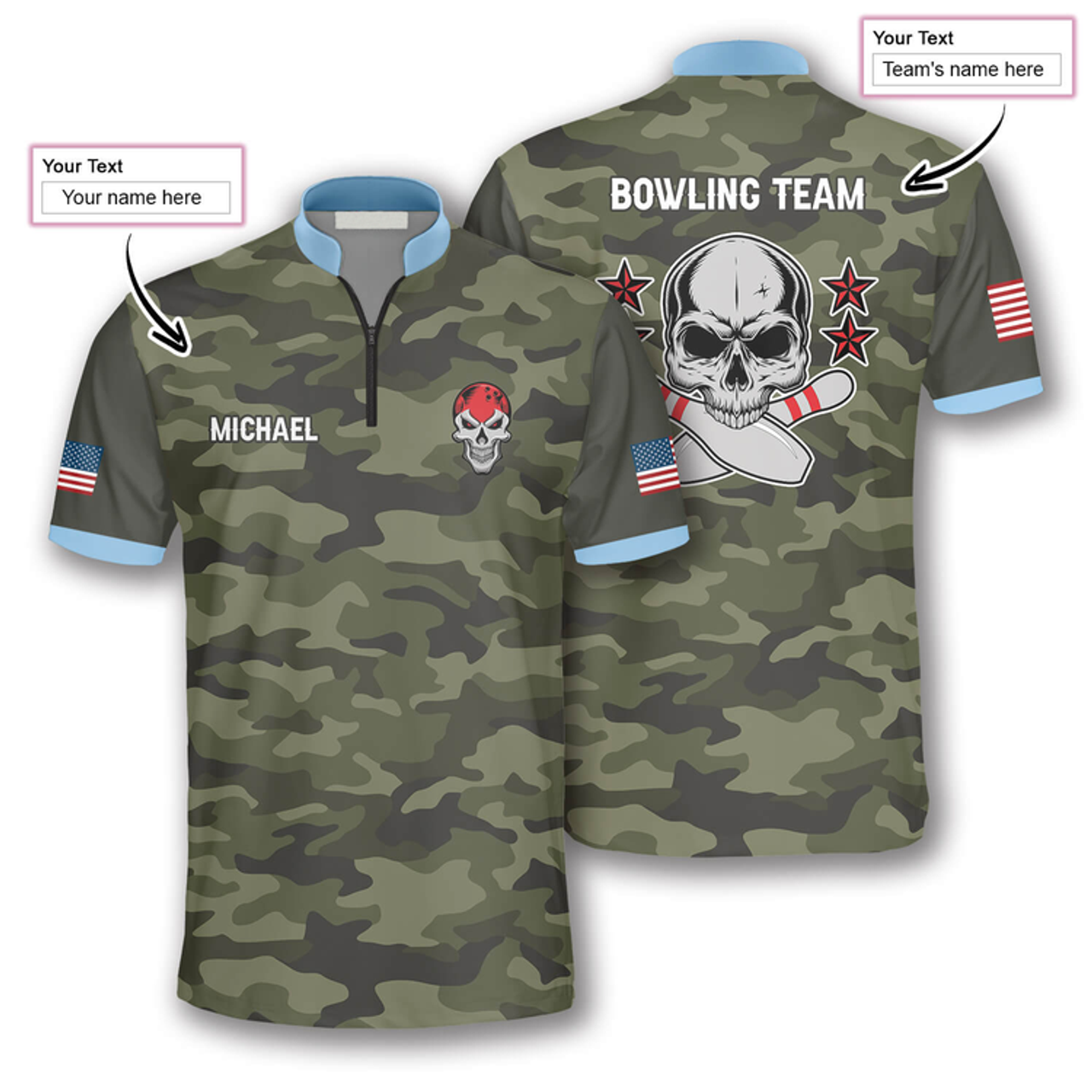 Custom Passionate Skull Camo Custom Bowling Jerseys for Men, Zipper Polo Shirt Bowling Shirt, Skull Zipper Polo Shirt