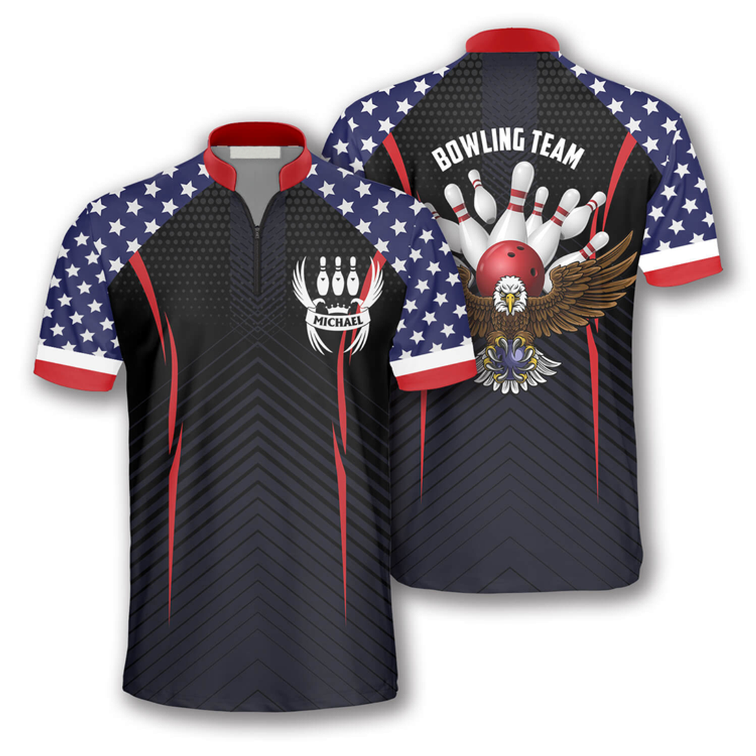 Custom Camouflage Eagle Flag Custom Bowling Jerseys for Men, Zipper Polo Shirt Bowling Shirt, Eagle Flag Zipper Polo Shirt