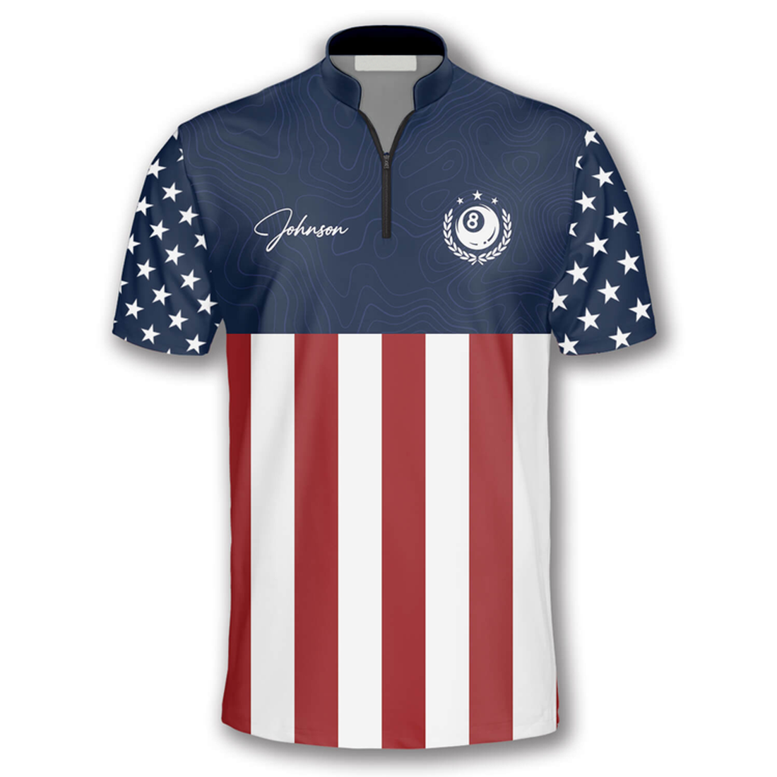 Custom 8 Ball Patriotic Flag Navy Custom Billiard Jerseys for Men, Uniform Shirt for Billiard Player, Flag Zipper Polo Shirt