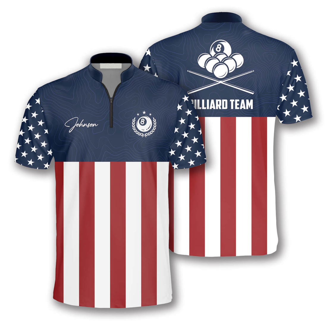 Custom 8 Ball Patriotic Flag Navy Custom Billiard Jerseys for Men, Uniform Shirt for Billiard Player, Flag Zipper Polo Shirt