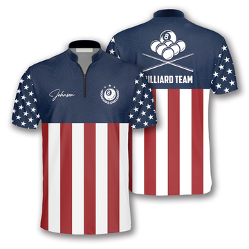 Custom 8 Ball Patriotic Flag Navy Custom Billiard Jerseys for Men, Uniform Shirt for Billiard Player, Flag Zipper Polo Shirt
