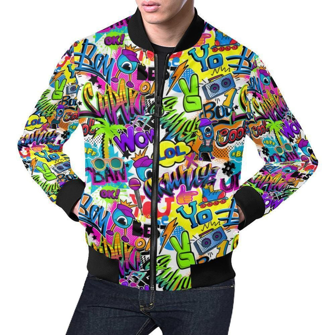 FUNSTUFFPRINT Pattern Print Graffiti Mens 3D Bomber Jacket