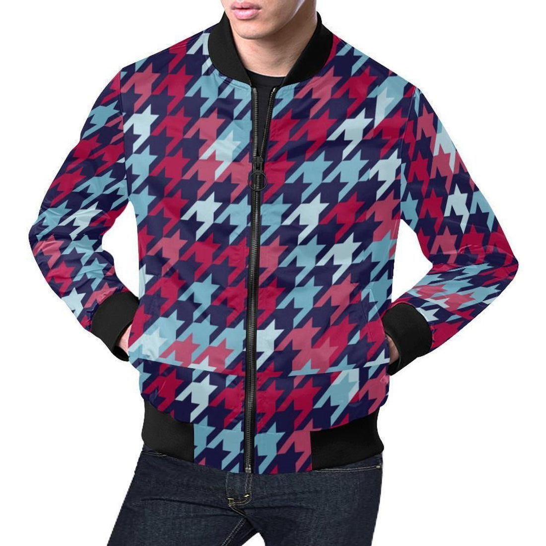 FUNSTUFFPRINT Pattern Print Houndstooth Mens 3D Bomber Jacket