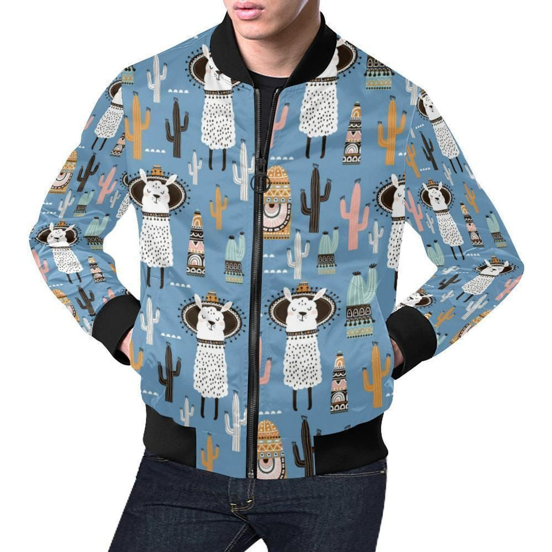 FUNSTUFFPRINT Pattern Print Llama Cactus Mens 3D Bomber Jacket