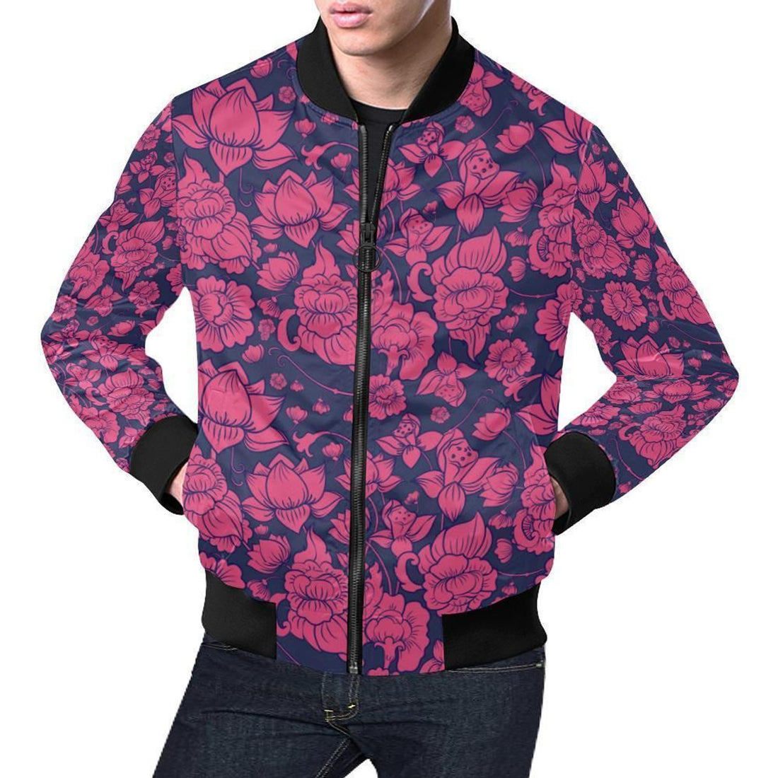 FUNSTUFFPRINT Pattern Print Lotus Mens 3D Bomber Jacket