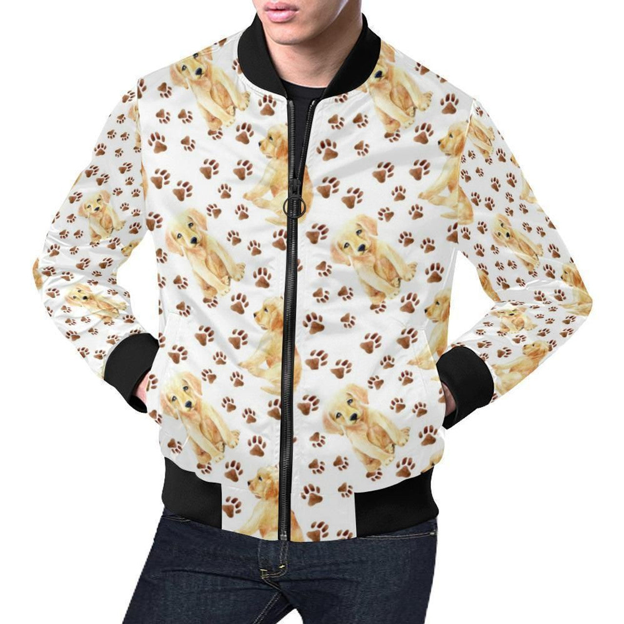 FUNSTUFFPRINT Paw Golden Retriever Pattern Print Mens 3D Bomber Jacket