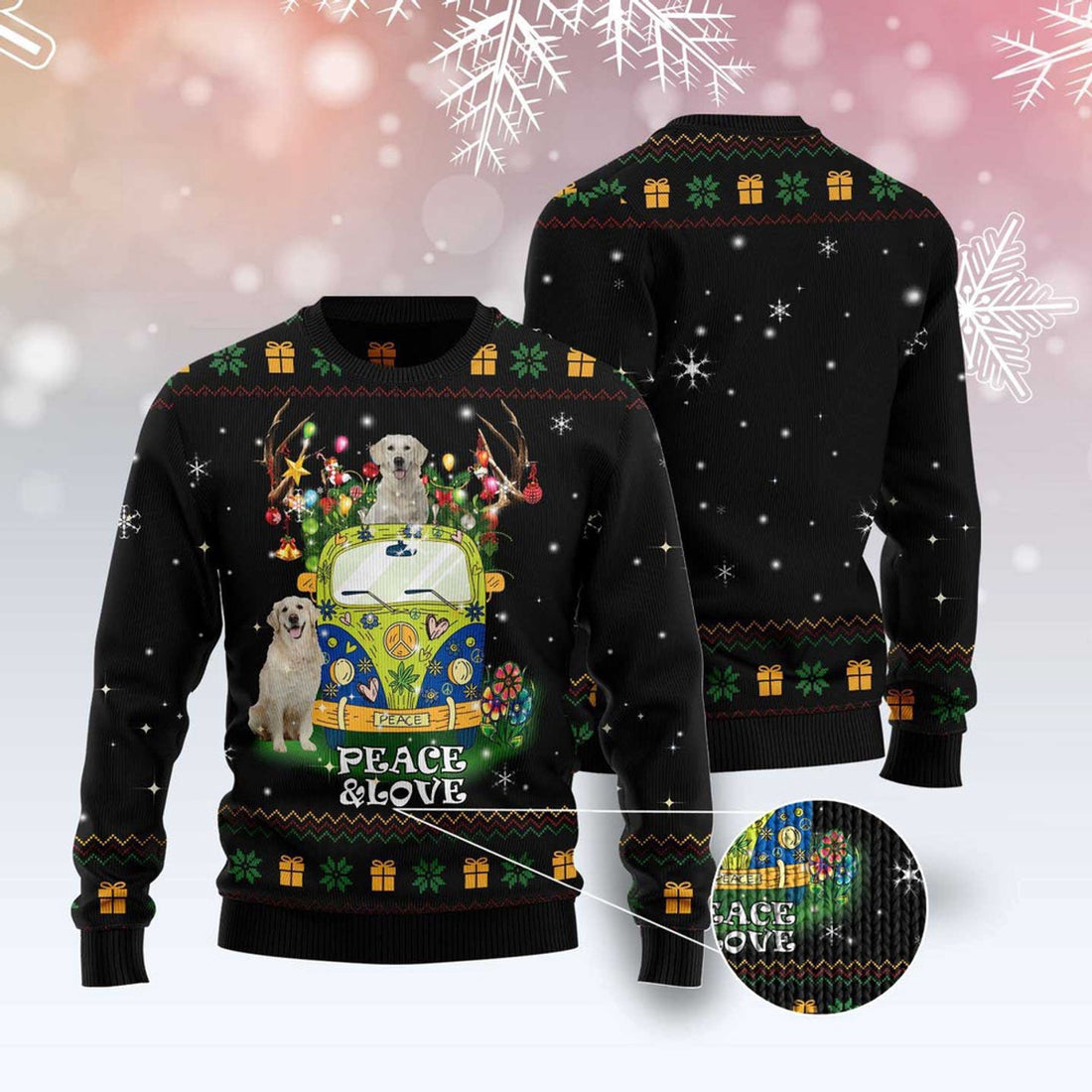 FUNSTUFFPRINT Peace Love Golden Retriever Ugly Christmas Sweater, Christmas Sweater, Ugly Sweater, Funny Xmas Sweaters Ugly Sweater