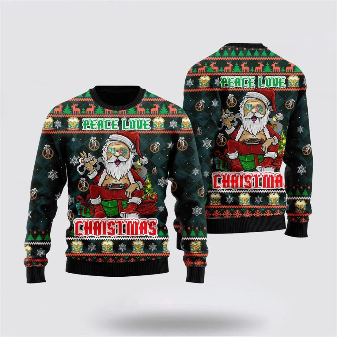 FUNSTUFFPRINT Peace Love Hippie Santa Claus Ugly Christmas Sweater – Christmas Gifts For Frends Ugly  Sweater