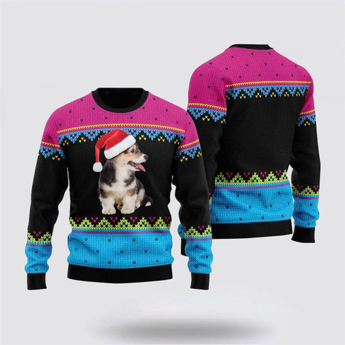 FUNSTUFFPRINT Pembroke Welsh Corgi Christmas Hat Pattern Ugly Christmas Sweater For Men And Women, Gift For Christmas, Best Winter Christmas Outfit Ugly Sweater