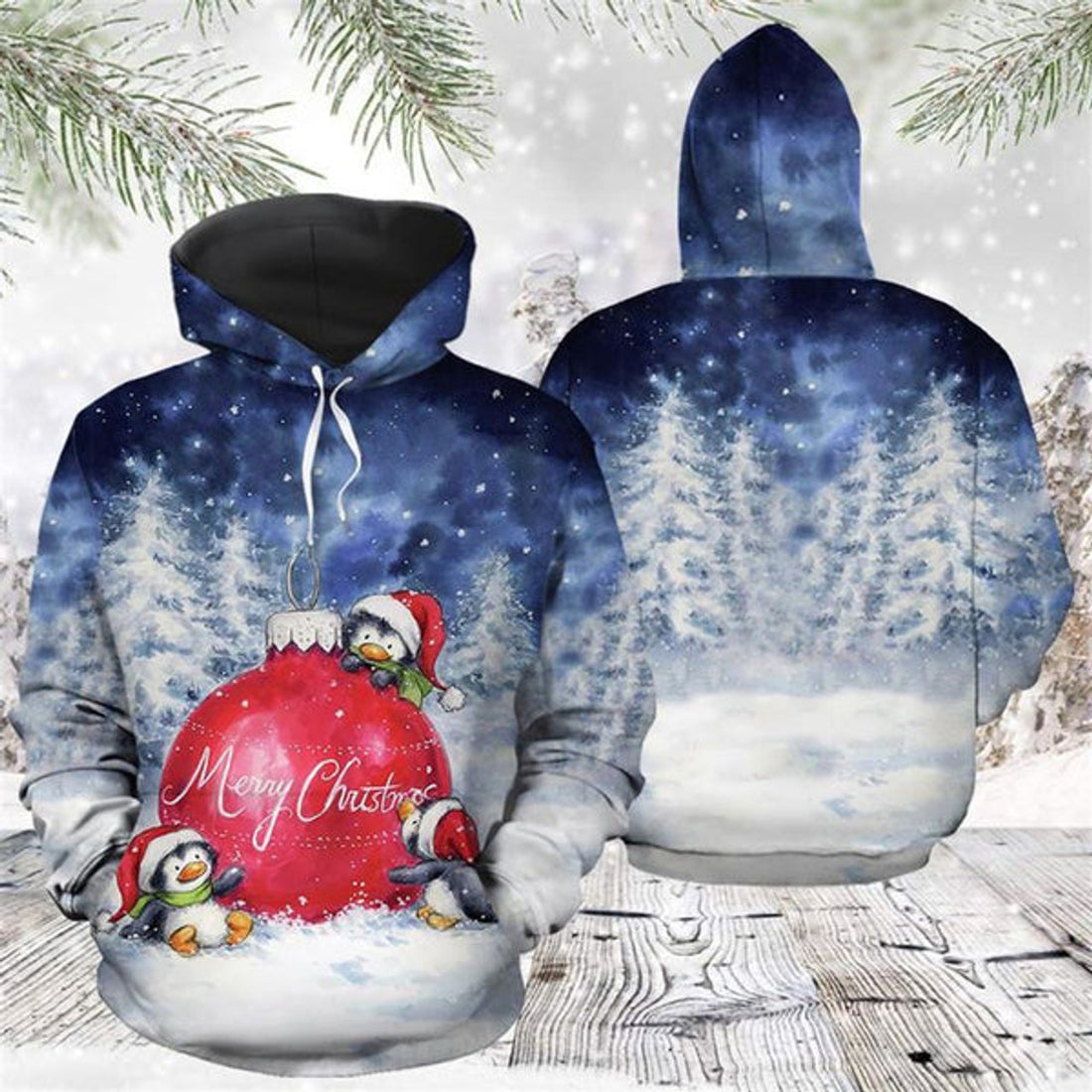 FUNSTUFFPRINT 3D Penguin Merry Christmas All Over 3D Hoodie and Zip Hoodie