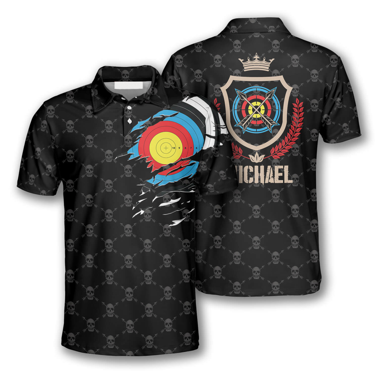 Custom Archery Skull Pattern Crown Emblem Custom Archery Polo Shirts for Men, Uniform Archery Shirt