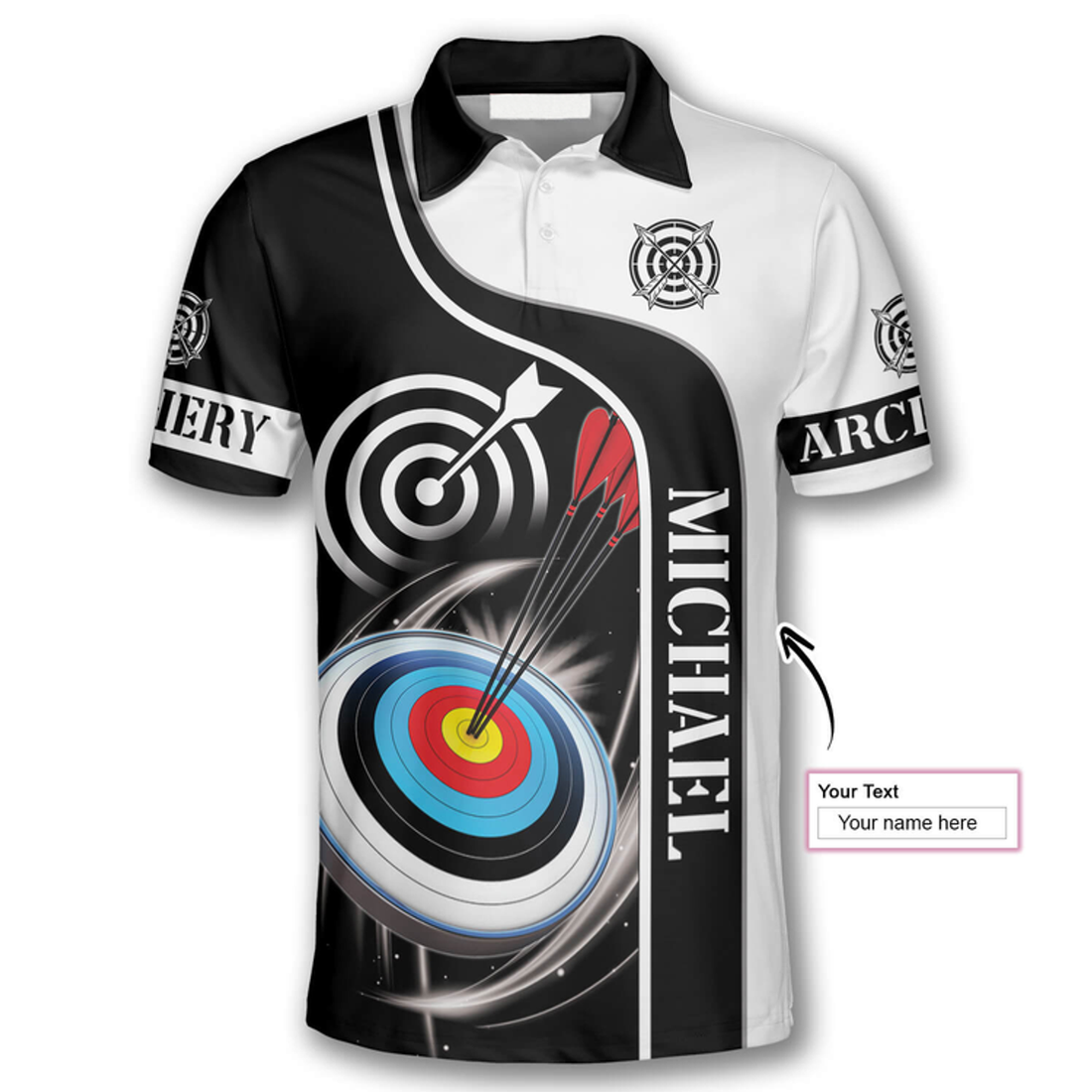 Custom 3D All Over Print Archery Targets Black White Version Custom Name Archery Polo Shirts for Men