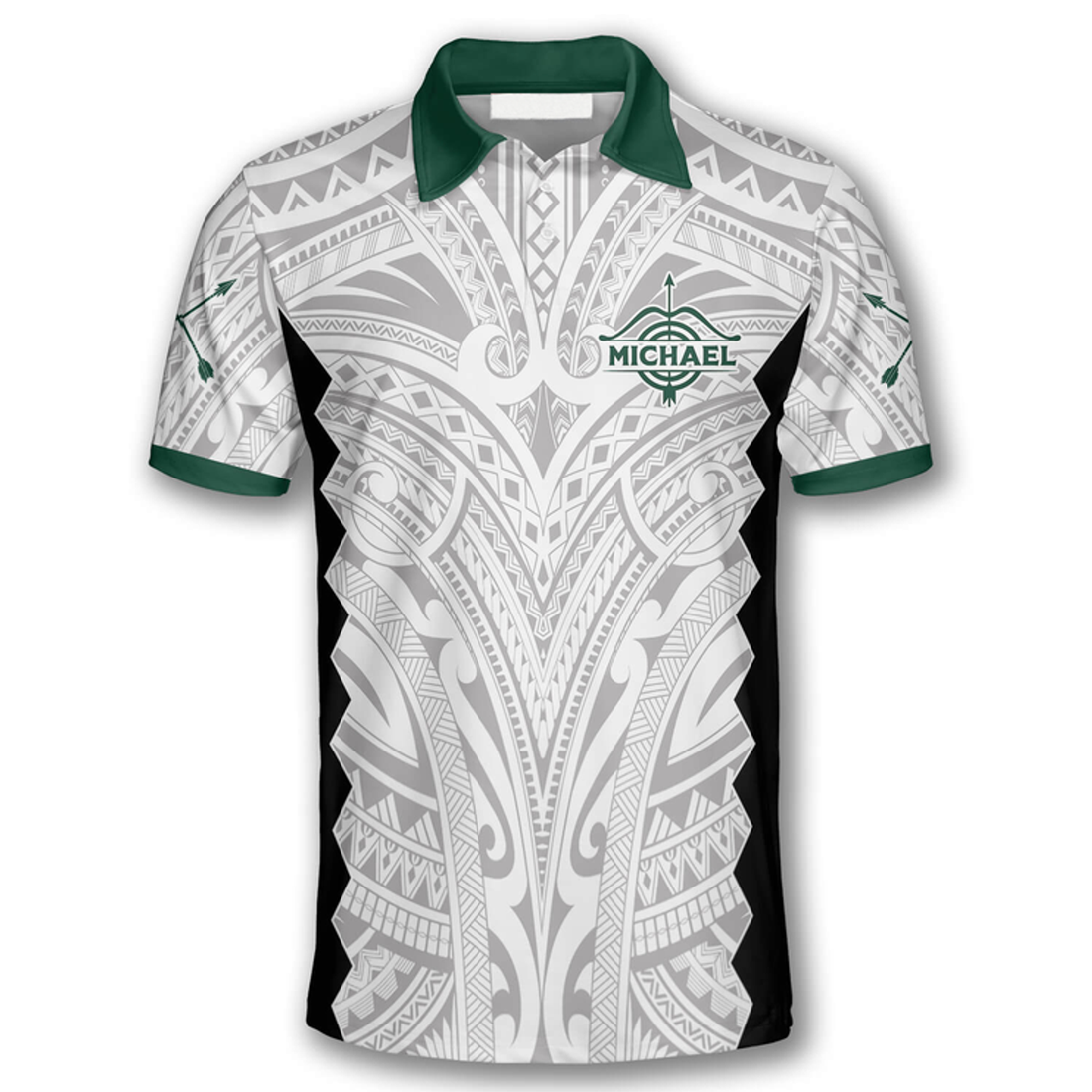 Custom 3D All Over Print Tribal White Green Custom Archery Polo Shirts For Men