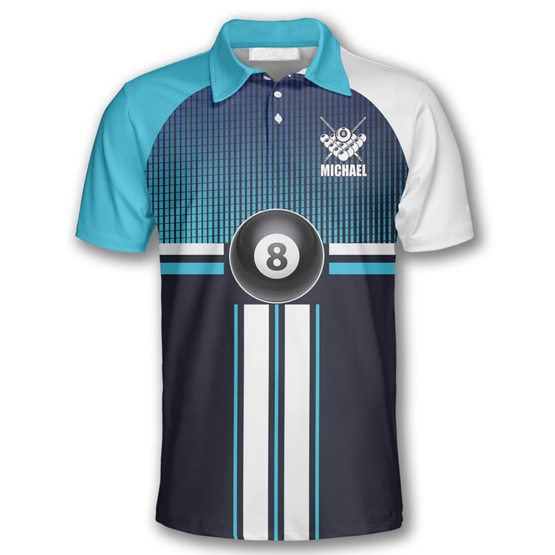 Custom 3D All Over Print Billiard 8 Ball Gradient Light Blue Custom Billiard Polo Shirts for Men