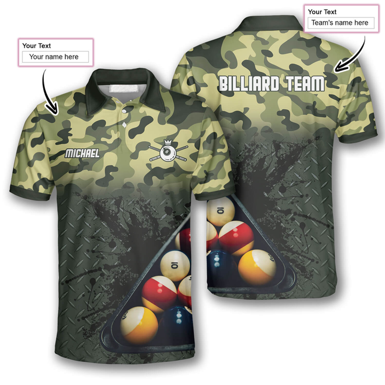 Personalized Green Camo Custom Billiard Shirts for Men, Billiard Polo Shirt, Gift for Team Billiard