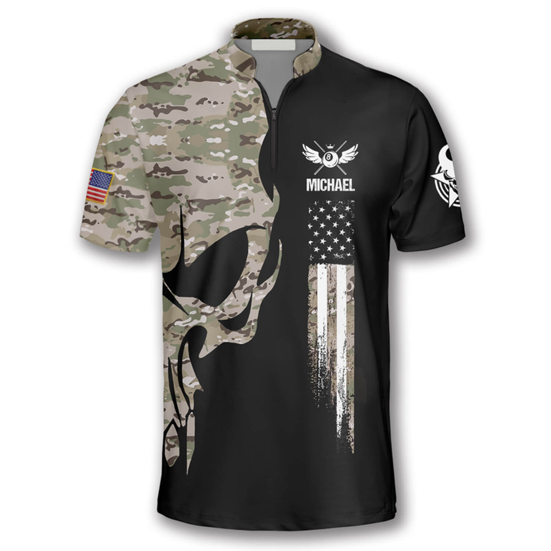Custom Skull Camouflage Custom Billiard Jerseys for Men, Idea Gift for Billiard Player, Skull Zipper Polo Shirt