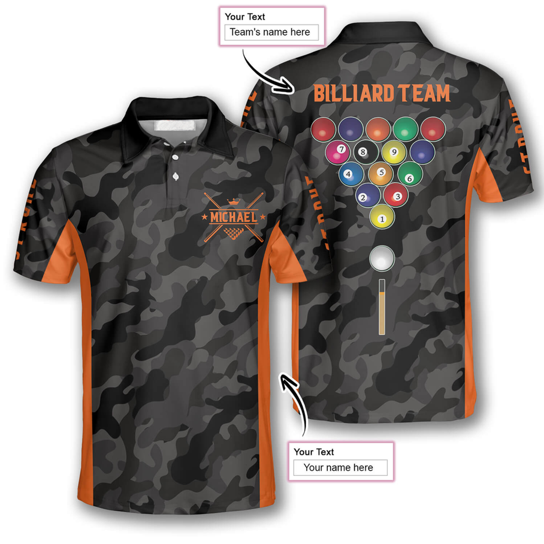 Custom 3D All Over Print Orange Grey Camouflage Custom Billiard Shirts For Men, Perfect Shirt For Billiard Player